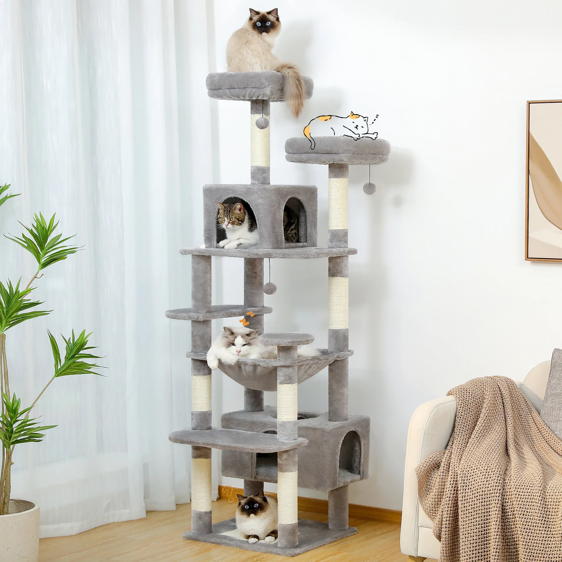 Arbre à chat gris multi-niveaux avec plateformes, cabanes et griffoirs pour chats, idéal pour salon