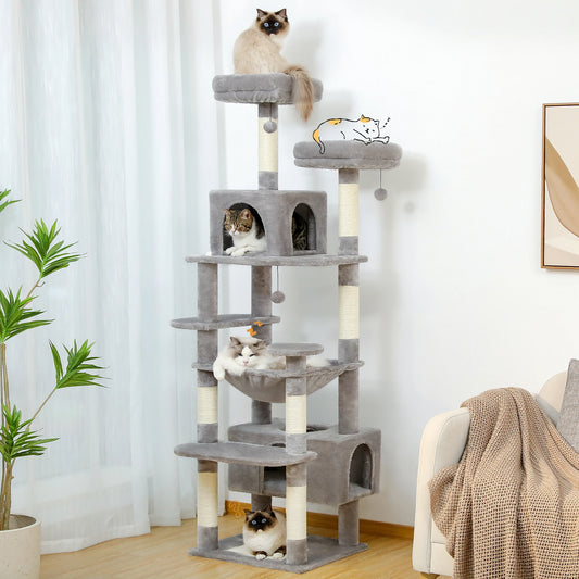 Arbre à chat gris multi-niveaux avec plateformes, cabanes et griffoirs pour chats, idéal pour salon