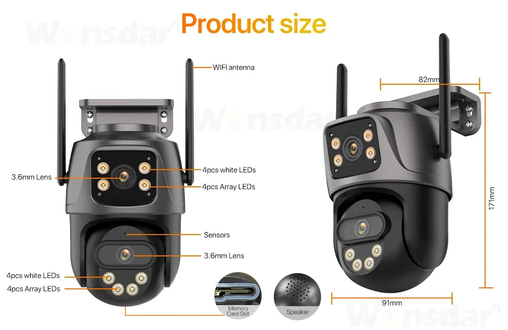 Caméra de surveillance WiFi extérieure avec antennes, LEDs, capteurs et fente carte mémoire