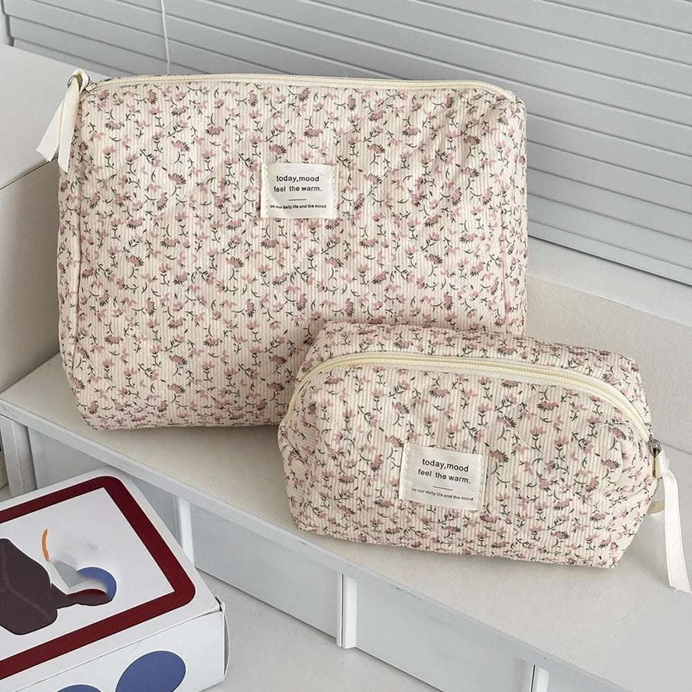 Sac de Rangement Matelassé Grande Capacité pour Maquillage, Pochette Cosmétique Vintage à Imprimé Floral pour Femme, Sac de Voyage Organisateur