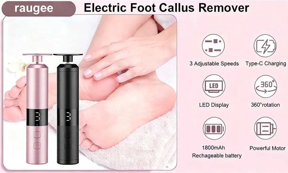 Raugee Electric Foot Callus Remover avec 3 vitesses, charge Type-C, moteur puissant et écran LED