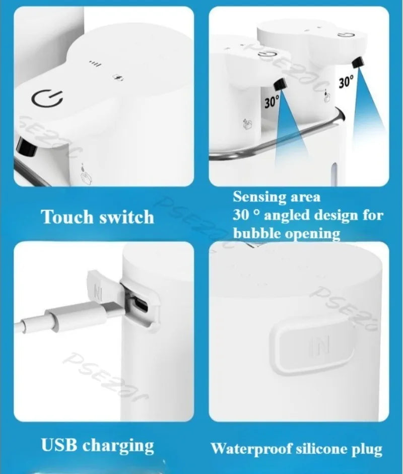 Distributeur de savon automatique avec capteur 30°, recharge USB et bouchon silicone étanche