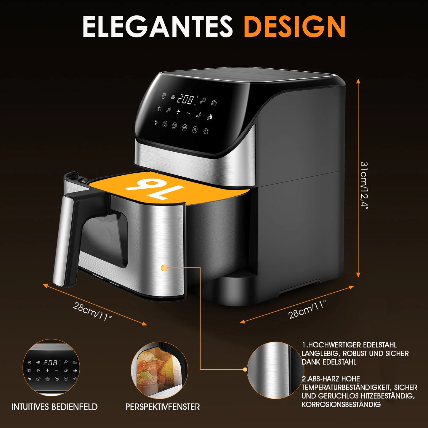 Friteuse à air chaud 7L avec design élégant, écran tactile et acier inoxydable robuste, idéale pour cuisson saine