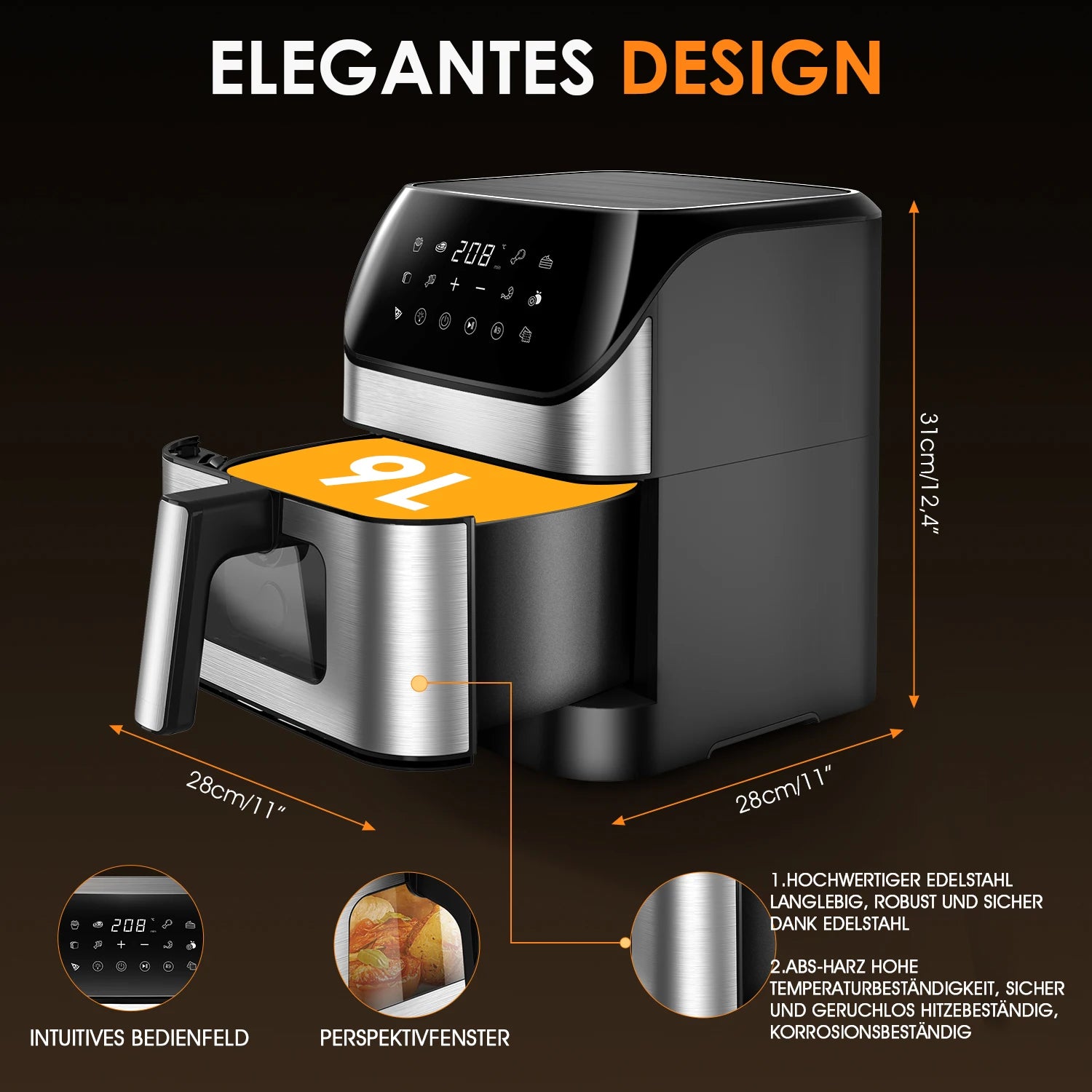 Friteuse à air chaud 7L avec design élégant, écran tactile et acier inoxydable robuste, idéale pour cuisson saine