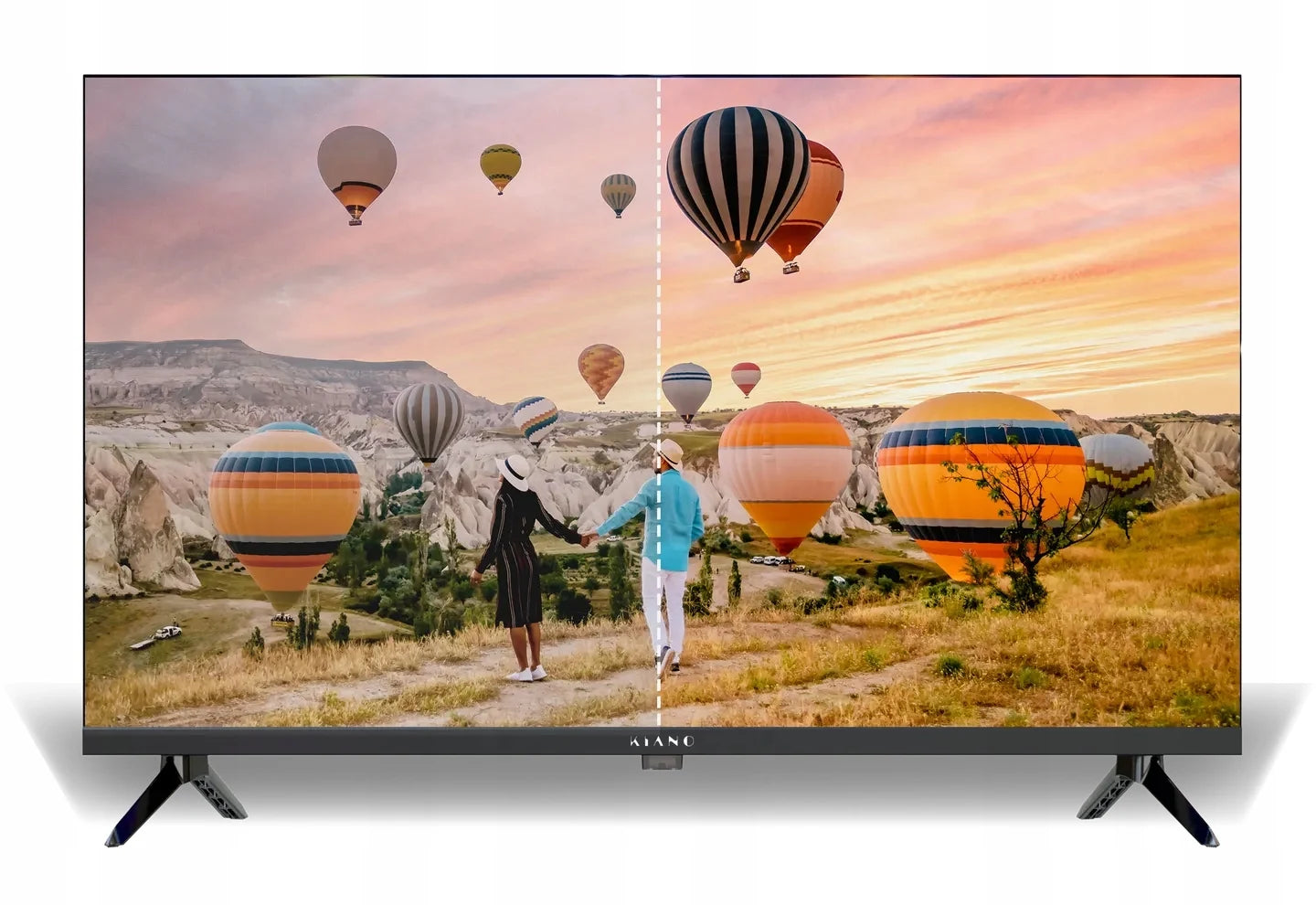 Téléviseur KIANO affichant un coucher de soleil avec montgolfières, comparaison qualité d'image avant/après