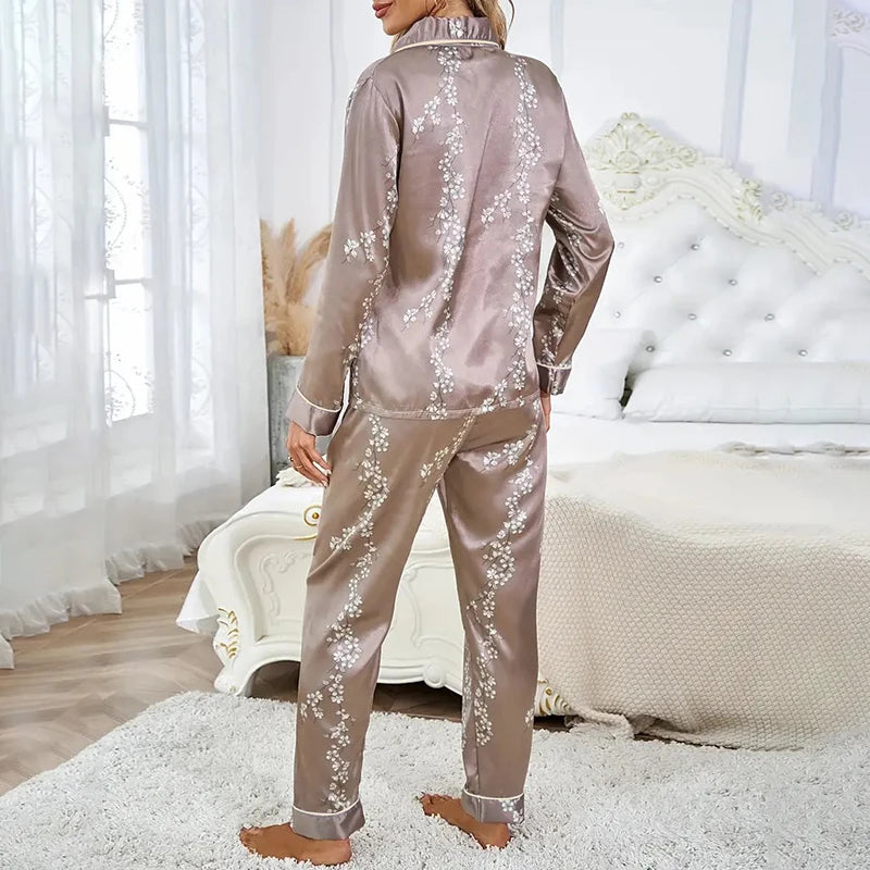 Femmes Satin Pyjama décontracté vêtements de nuit maison vêtements costume automne à manches longues boutonné haut et pantalon vêtements de nuit vêtements de détente Pyjama Femme