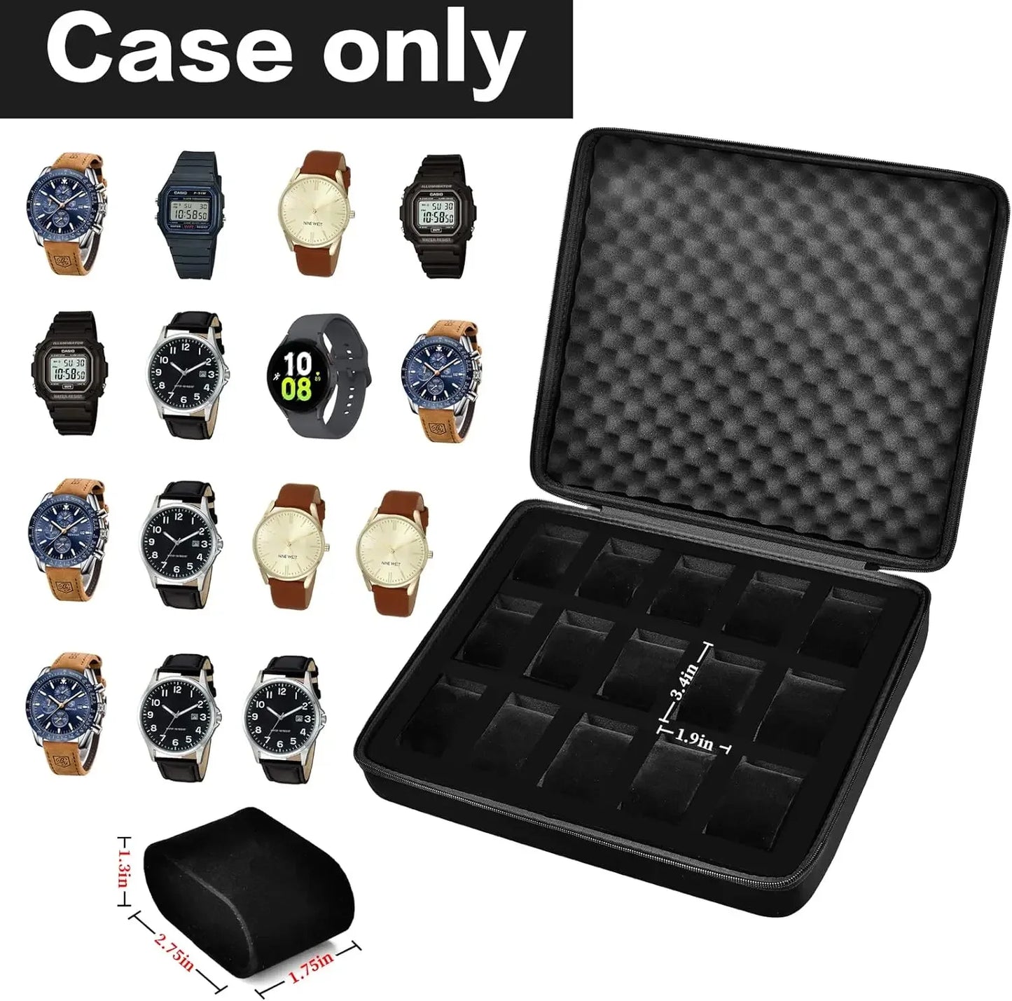 Boîte à montres à 15 emplacements / Étui de rangement pour montres pour hommes, compatible avec toutes les montres-bracelets et montres connectées jusqu'à 42 mm