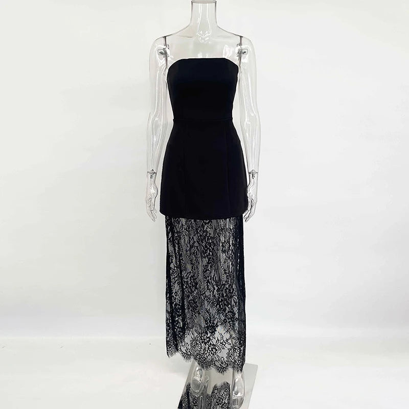 Tornova – robe en dentelle sans bretelles pour femme, ensemble élégant et Sexy, gilet à bretelles, taille haute, jupe longue d'épissure, Slim, Banquet, 2 pièces