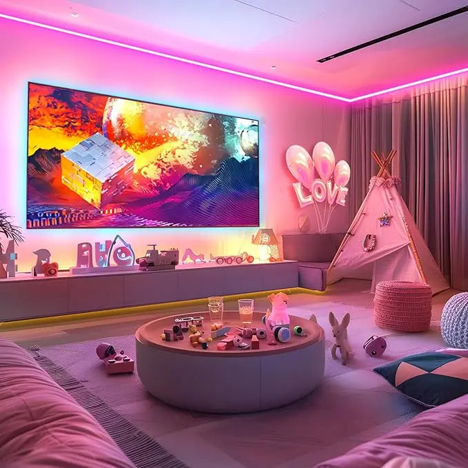 Salle de jeu enfant avec écran géant, néons roses et tipi, idéal pour gadgets high-tech
