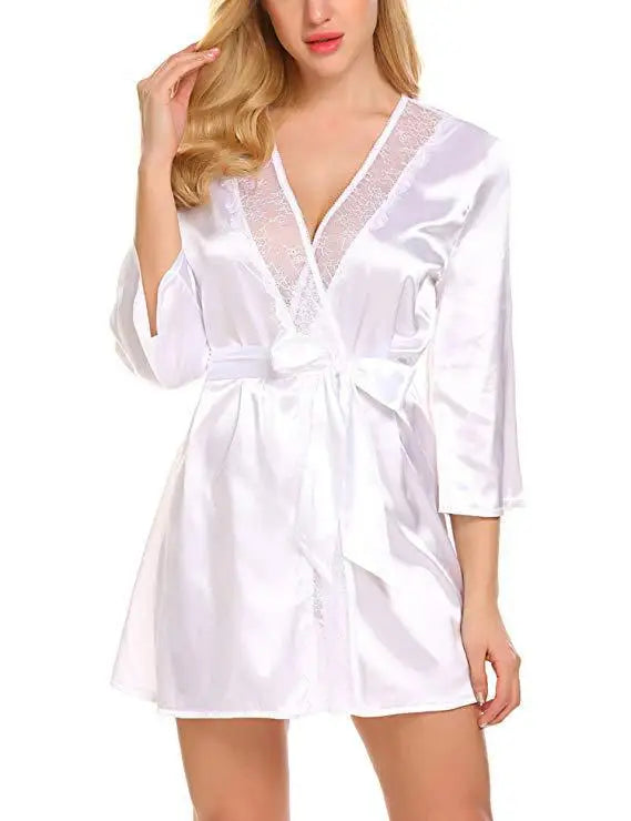 Robe de Nuit Sexy en Satin et Dentelle pour Femme, Chemise Courte, Kimono, Peignoir, Lingerie, Douce, Confortable, Noire, Grande Taille