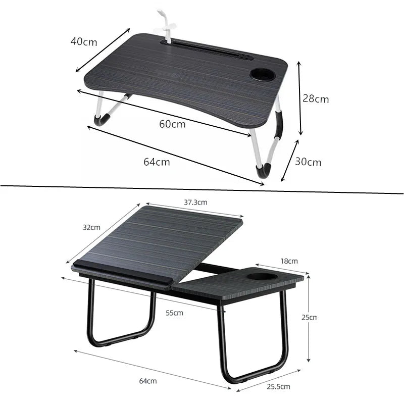 Table d'ordinateur portable pliable avec ventilateur, dimensions détaillées, design compact pour bureau ou lit