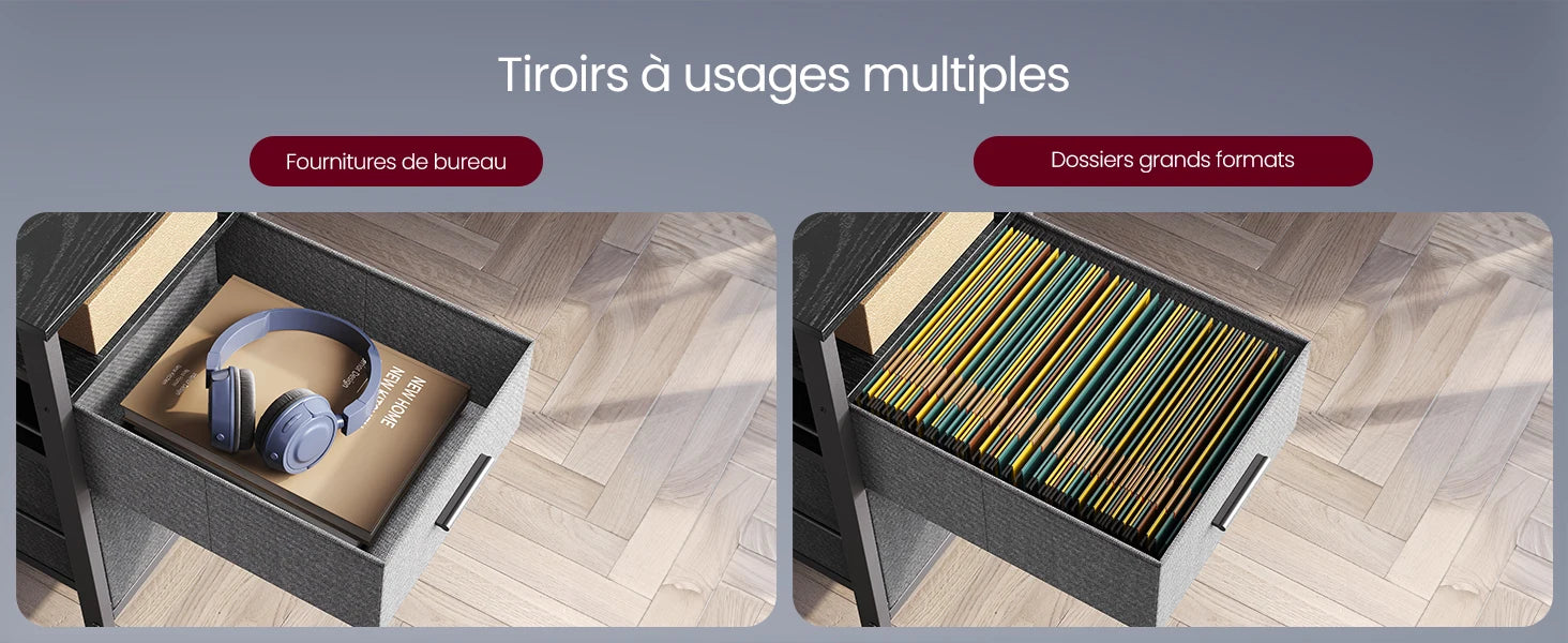 Tiroir multifonction pour bureau : casque et dossiers grands formats, rangement optimisé