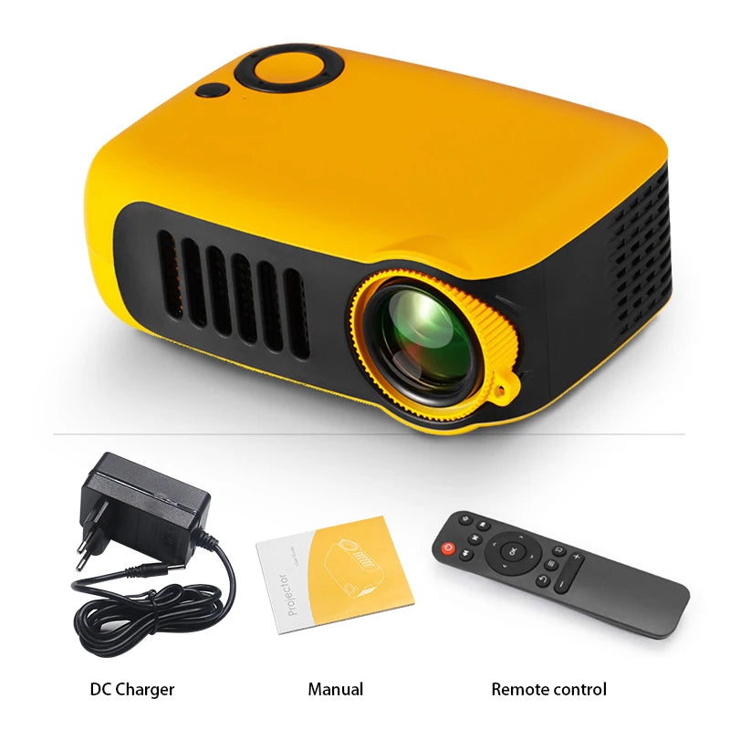 Projecteur portable jaune et noir avec télécommande, chargeur et manuel - Gadgets high-tech