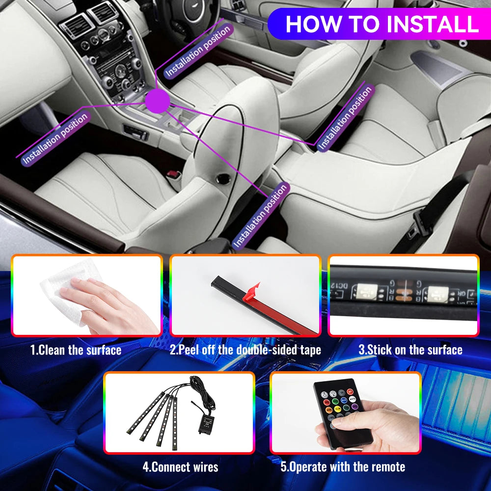 Kit de lumière d'ambiance pour intérieur de voiture, néon 36 48 72 LED, rétro-éclairage, application à distance, contrôle de la musique, lampe décorative d'ambiance RGB automatique
