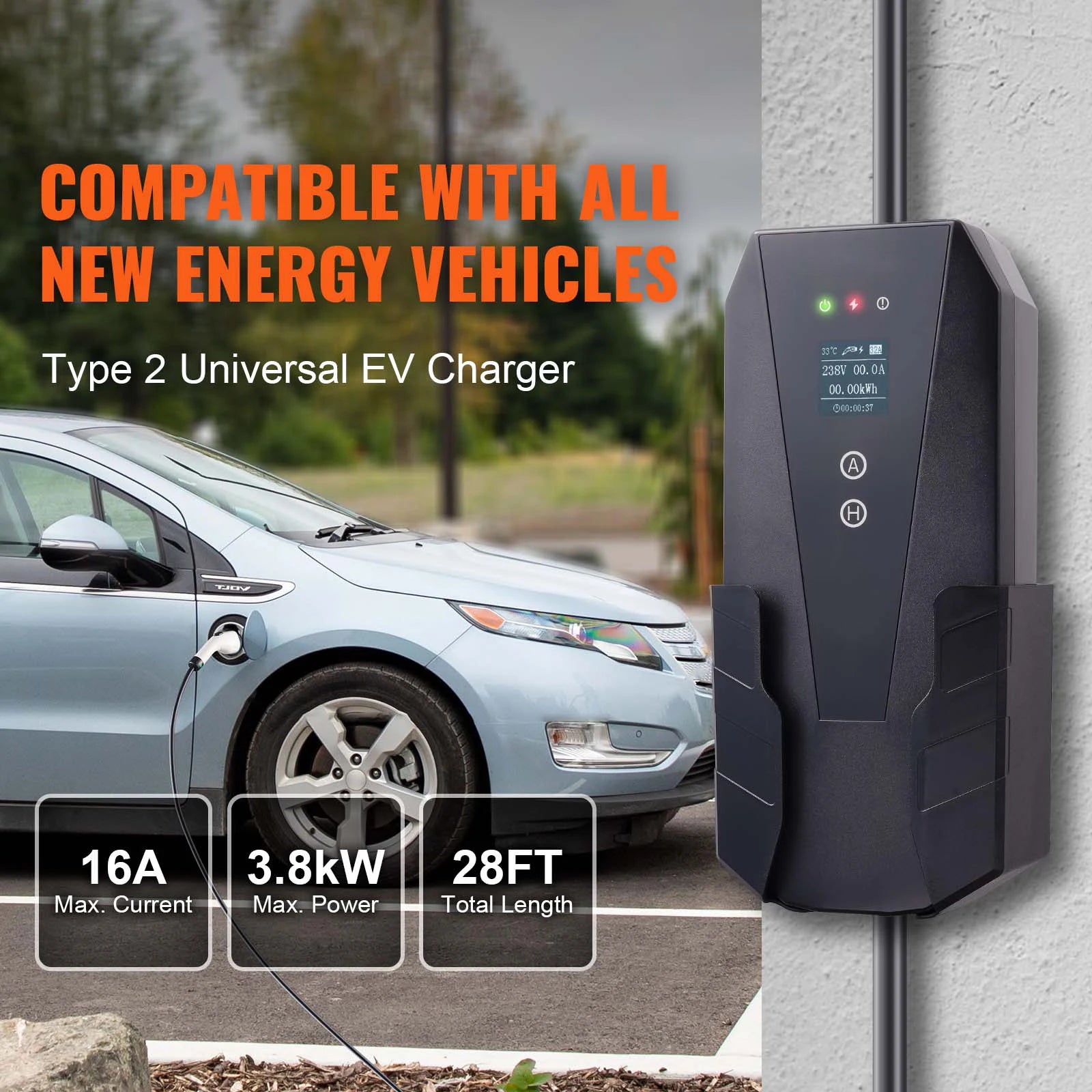 Chargeur EV Type 2 universel pour véhicules électriques, 16A 3.8kW, compatible tous modèles