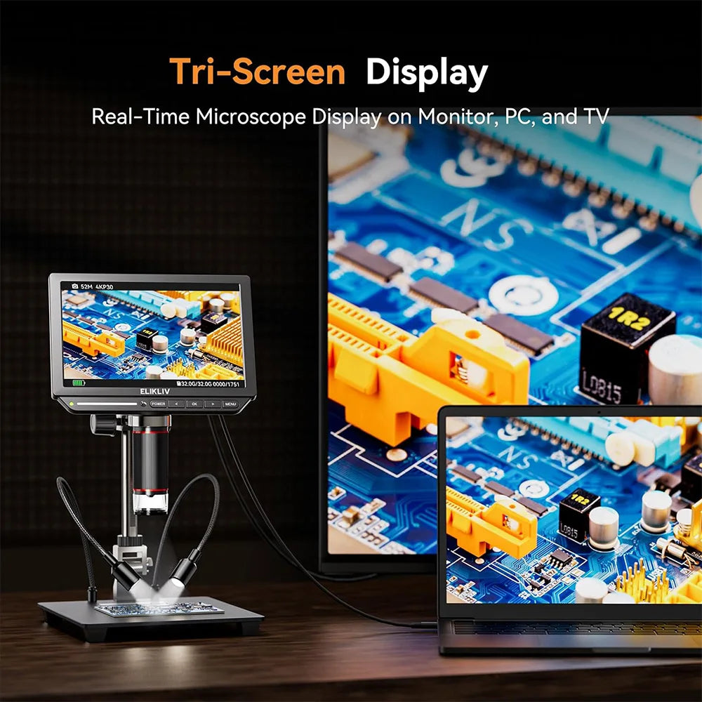 Elikliv EM4K 4K HDMI Microscope numérique pour l'électronique 8 "2000X Microscope à souder pour la réparation d'inspection de PCB avec support 10"