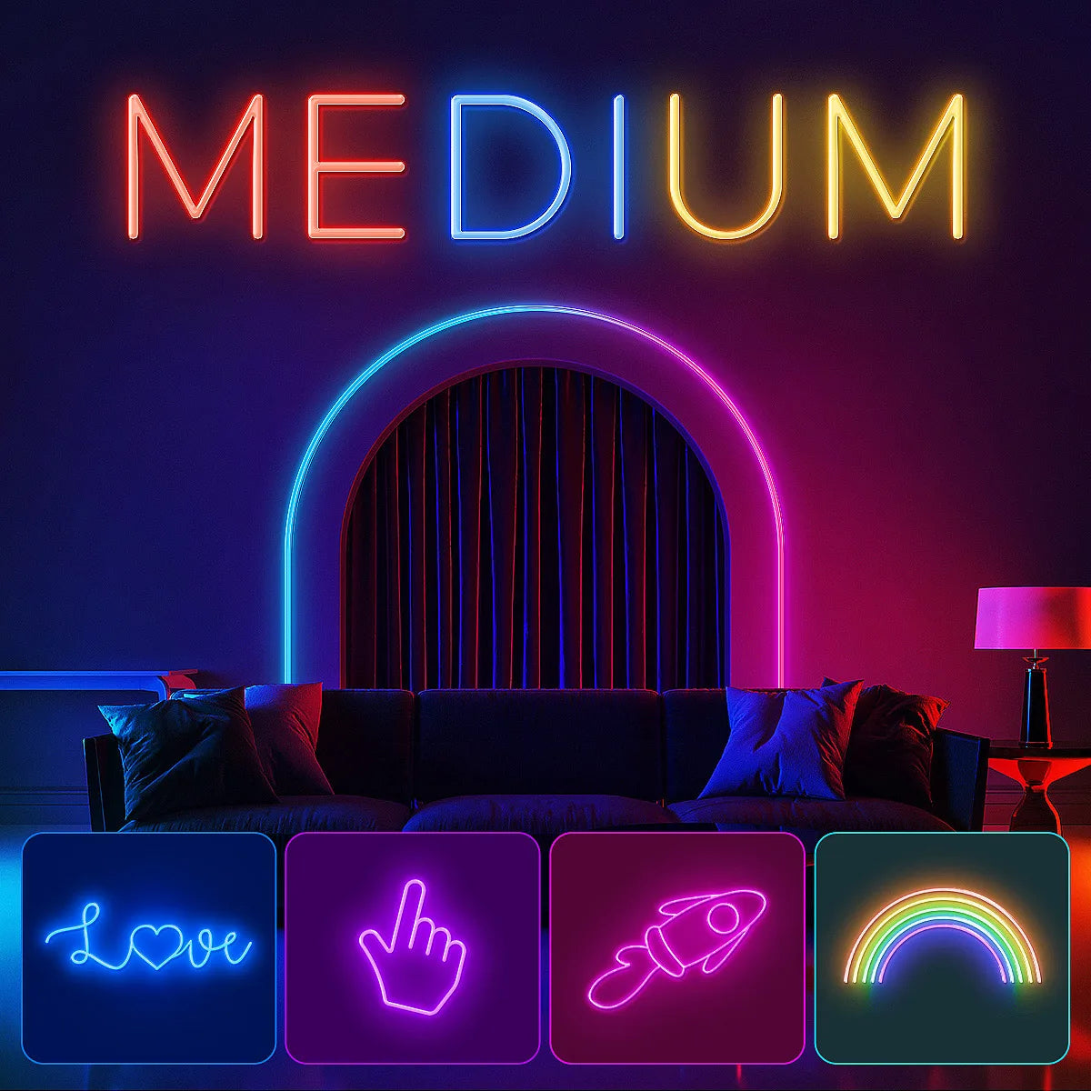 Enseigne néon multicolore 'MEDIUM' et motifs décoratifs pour salon, ambiance lumineuse high-tech