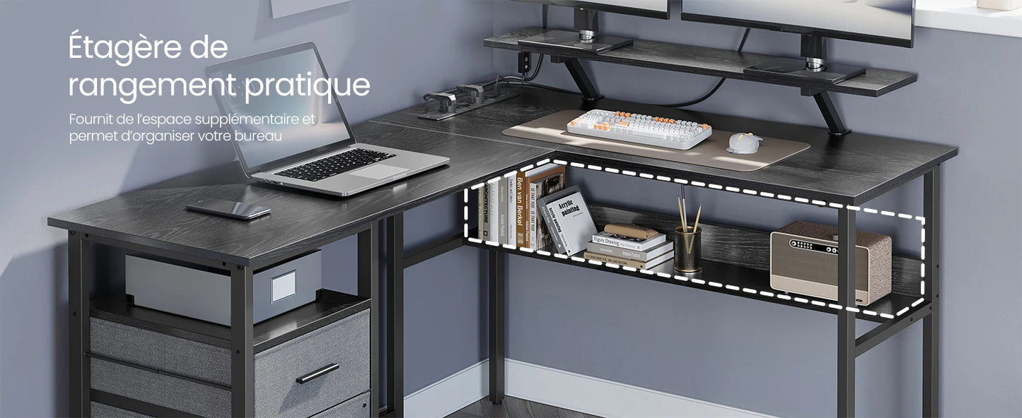 Bureau d'angle avec étagère de rangement pratique pour bureau organisé, idéal pour espace de travail moderne