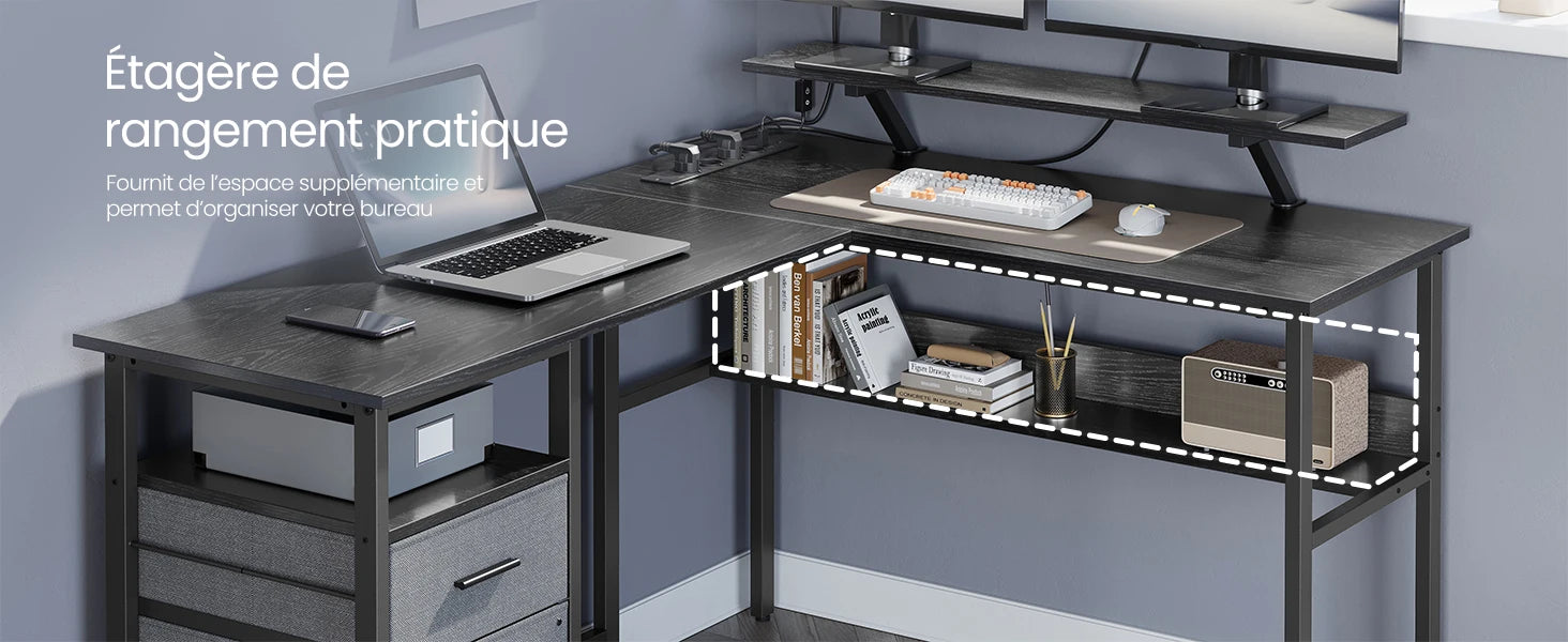 Bureau d'angle avec étagère de rangement pratique pour bureau organisé, idéal pour espace de travail moderne