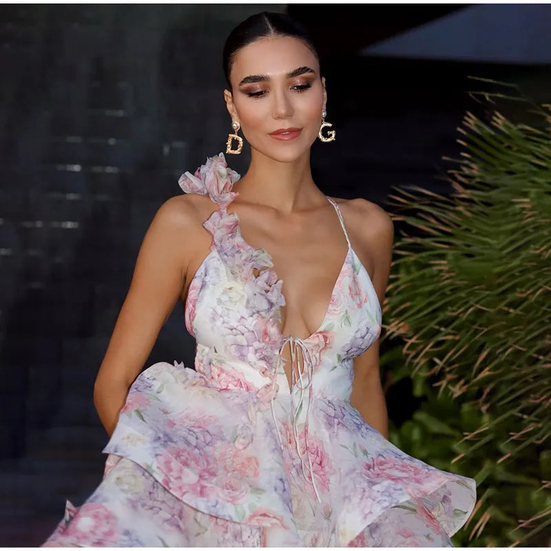 Femmes cravate-teinture 3D fleur col en V pleine sans manches Mini robes mode mince imprimé plusieurs plis robes nouvelle dame vêtements de vacances