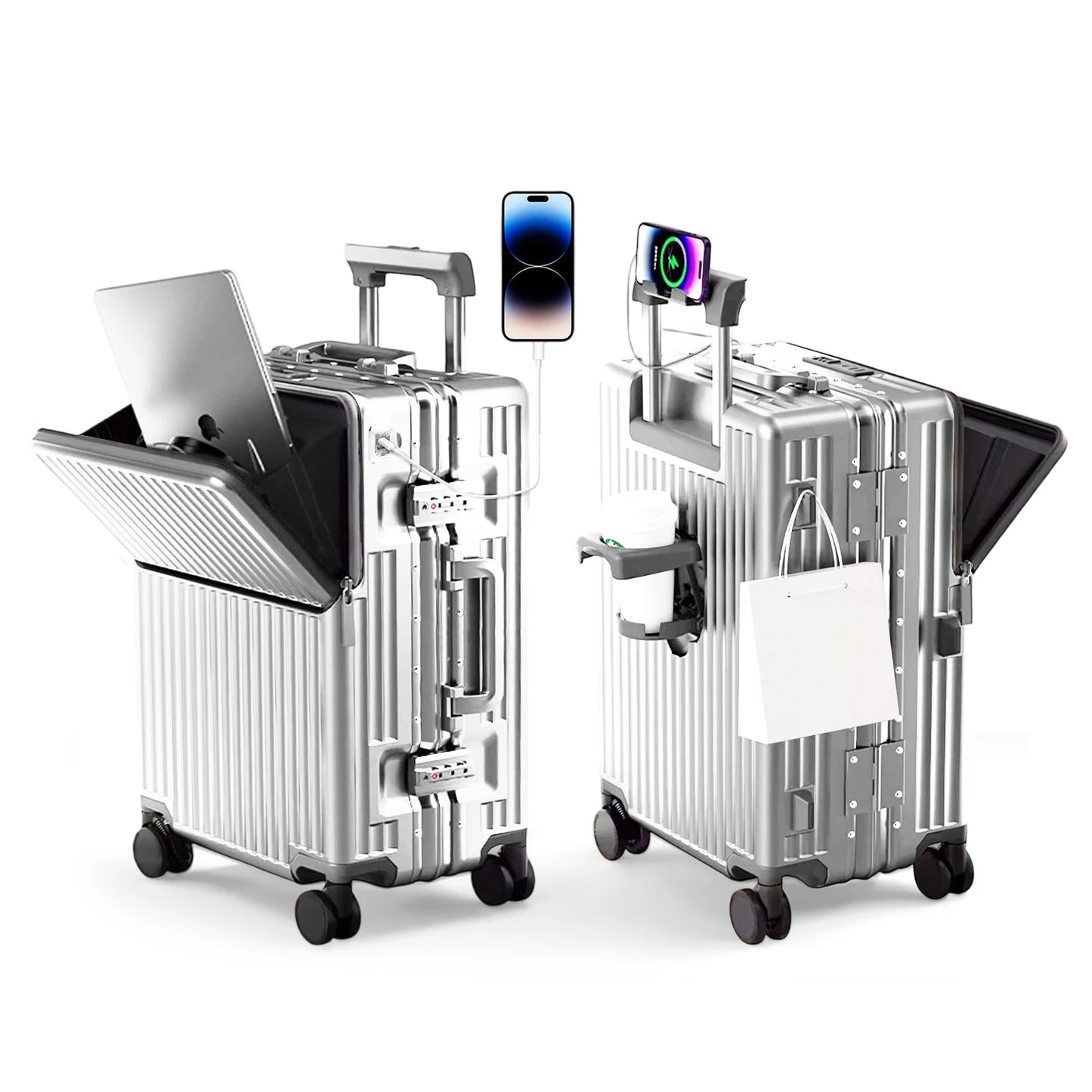 Valise rigide AIWEINY avec cadre en aluminium léger, 360 °   Valise de voyage/sur roulettes silencieuses, avec serrure TSA, avec port USB, 20/24/27 pouces