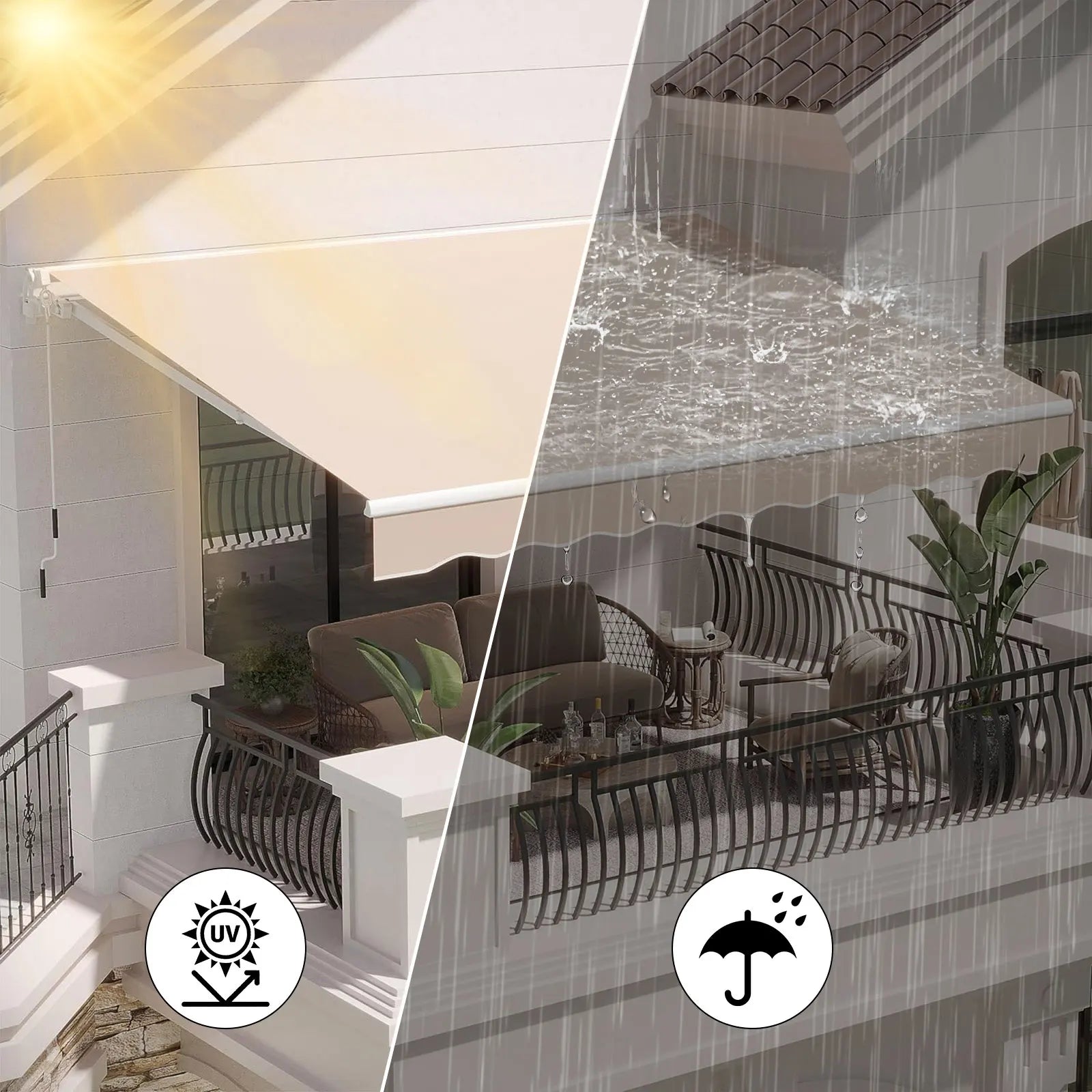 Auvent balcon imperméable et anti-UV, protection solaire et pluie pour terrasse extérieure