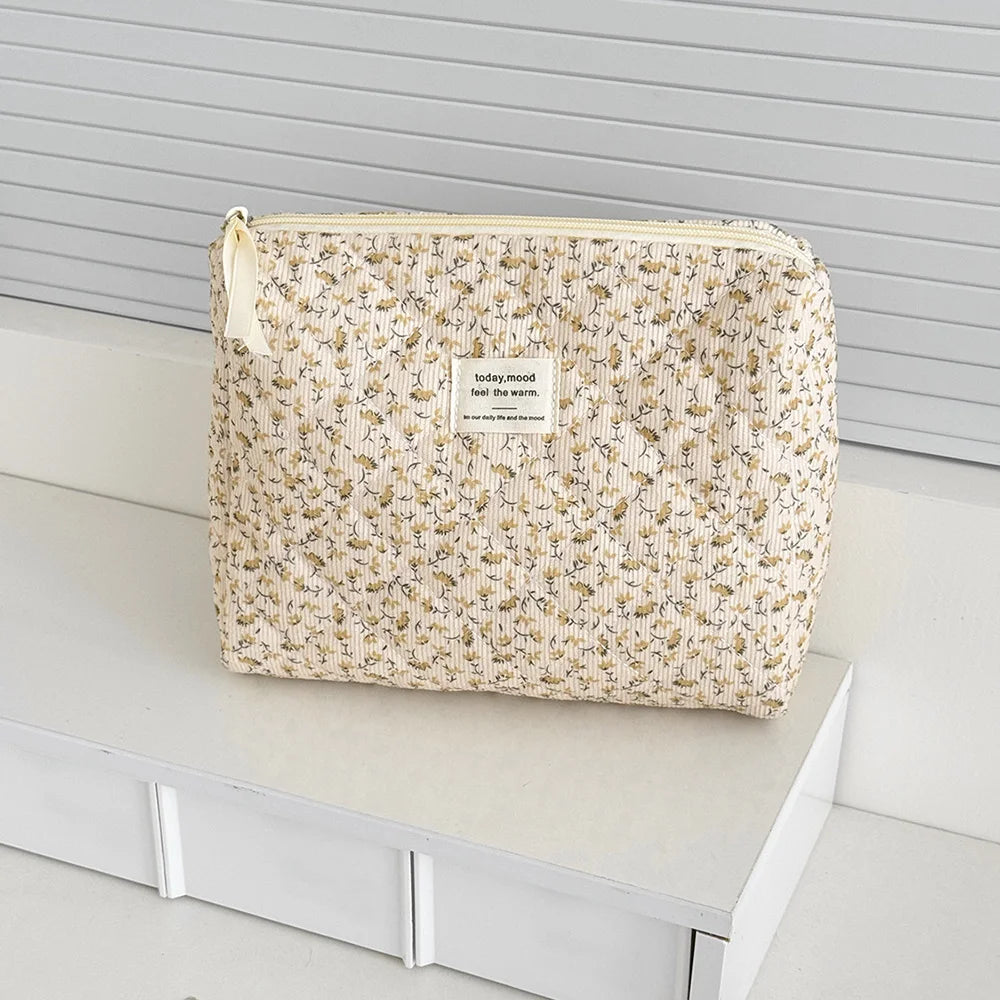 Sac de Rangement Matelassé Grande Capacité pour Maquillage, Pochette Cosmétique Vintage à Imprimé Floral pour Femme, Sac de Voyage Organisateur