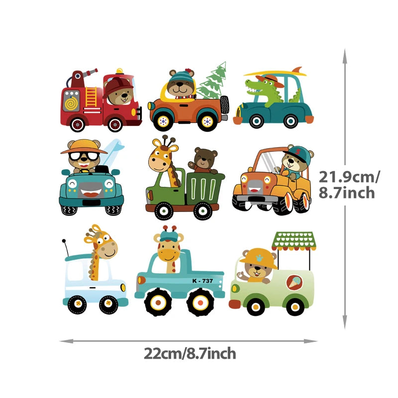 Stickers muraux animaux en voiture pour chambre d'enfant, design coloré et ludique, 22x21.9cm