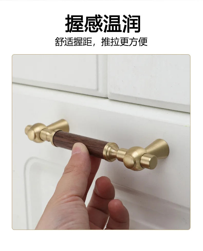 Nouvelle poignée de porte d'armoire en noyer de style chinois – Bouton rond monotrou en laiton et bois nordique en or pour tiroirs et meubles