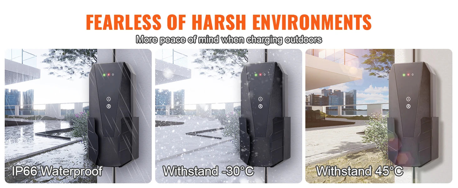 Chargeur mural étanche IP66, résistant au froid -30°C et à la chaleur 45°C, idéal pour extérieur