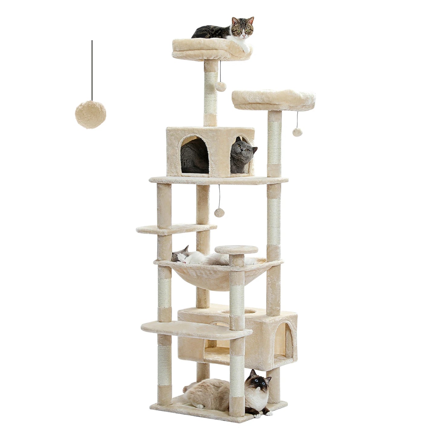 Arbre à chat beige multi-niveaux avec plateformes, niches et griffoirs pour chats, jouet suspendu inclus