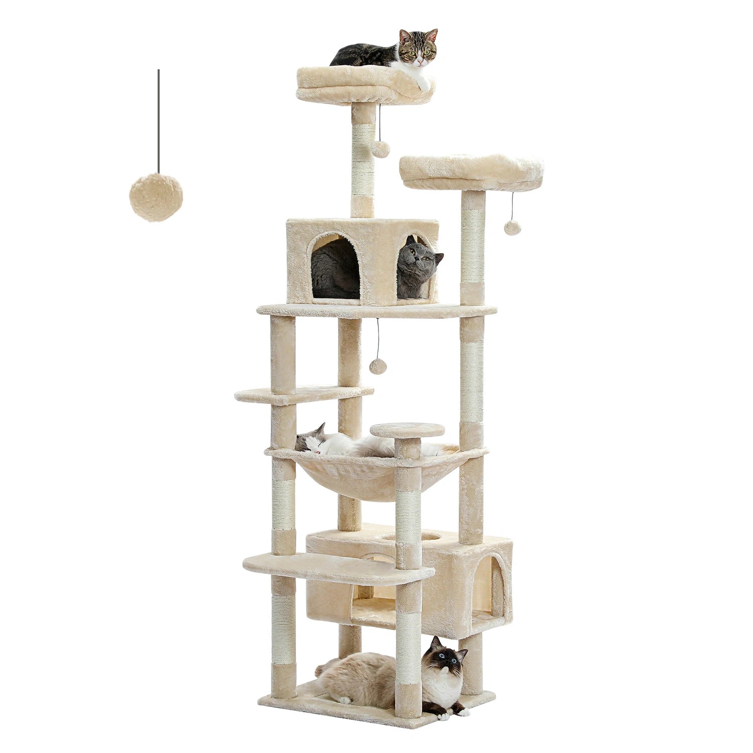 Arbre à chat beige multi-niveaux avec plateformes, niches et griffoirs pour chats, jouet suspendu inclus