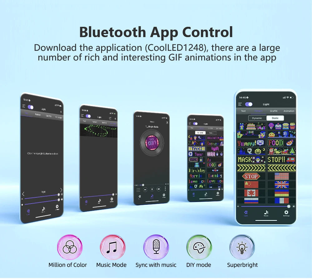 Contrôle Bluetooth via appli CoolLED1248, modes musique, DIY, couleurs infinies et animations GIF