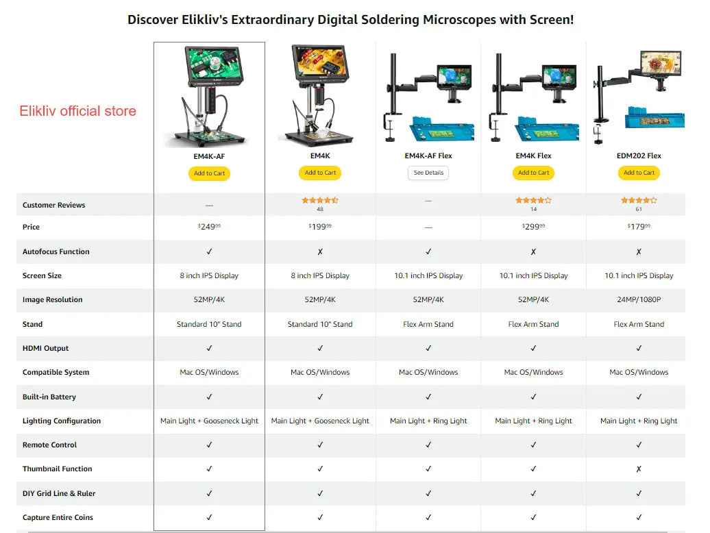 Elikliv EM4K 4K HDMI Microscope numérique pour l'électronique 8 "2000X Microscope à souder pour la réparation d'inspection de PCB avec support 10"