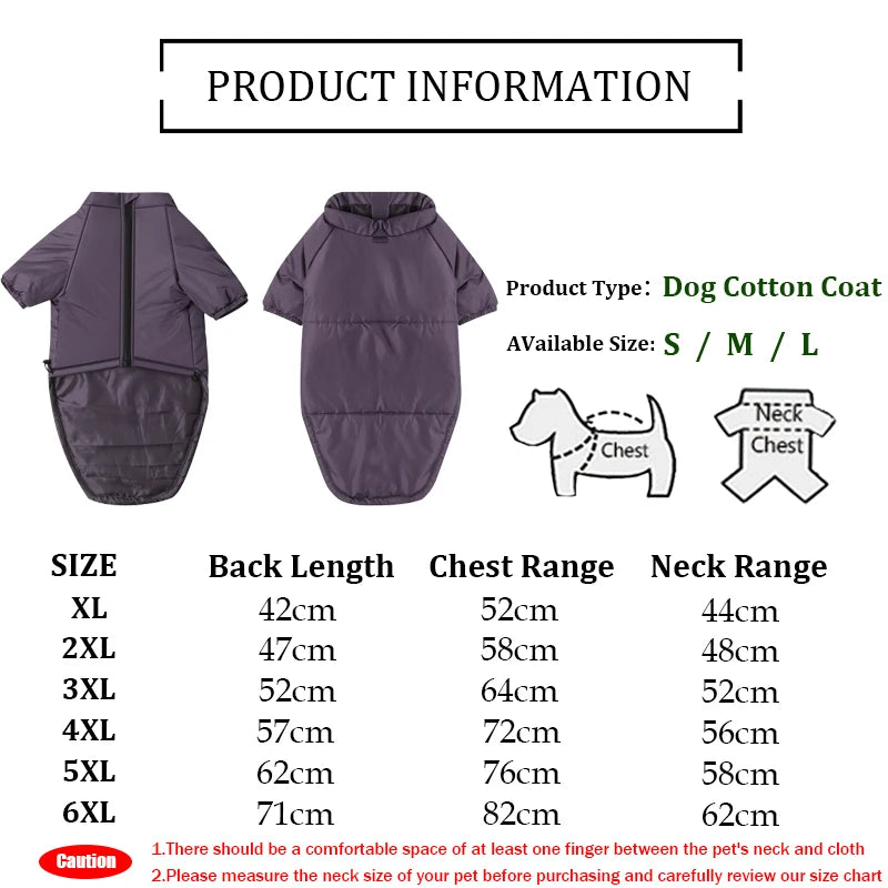 Manteau coton pour chien, tailles S à 6XL, avec guide de mesure pour cou et poitrine