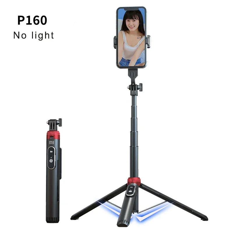 Trépied perche à selfie P160 de 1.6 m, support de téléphone portable rétractable en alliage d'aluminium avec Bluetooth aste pour IOS Android