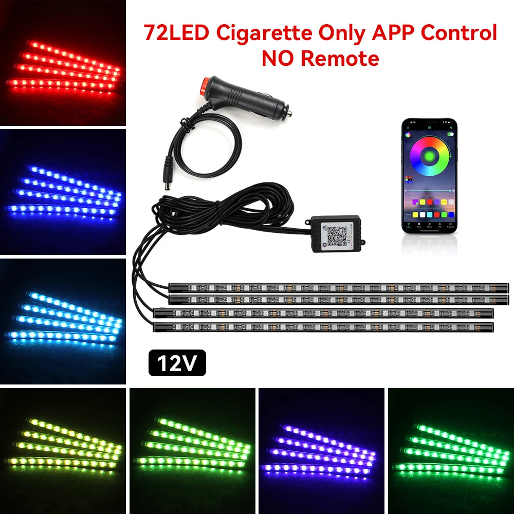 Kit de lumière d'ambiance pour intérieur de voiture, néon 36 48 72 LED, rétro-éclairage, application à distance, contrôle de la musique, lampe décorative d'ambiance RGB automatique