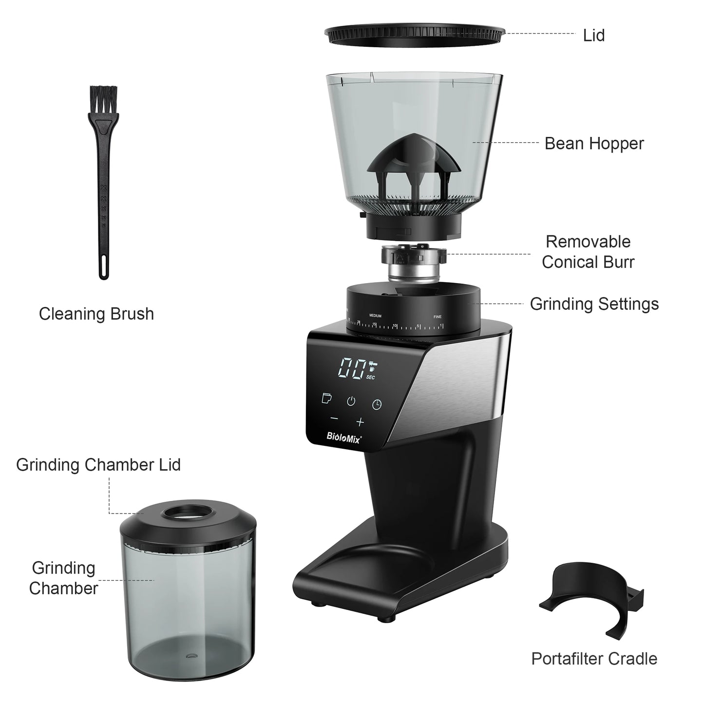Moulin à café électrique BioloMix avec broyeur conique, affichage numérique et accessoires inclus