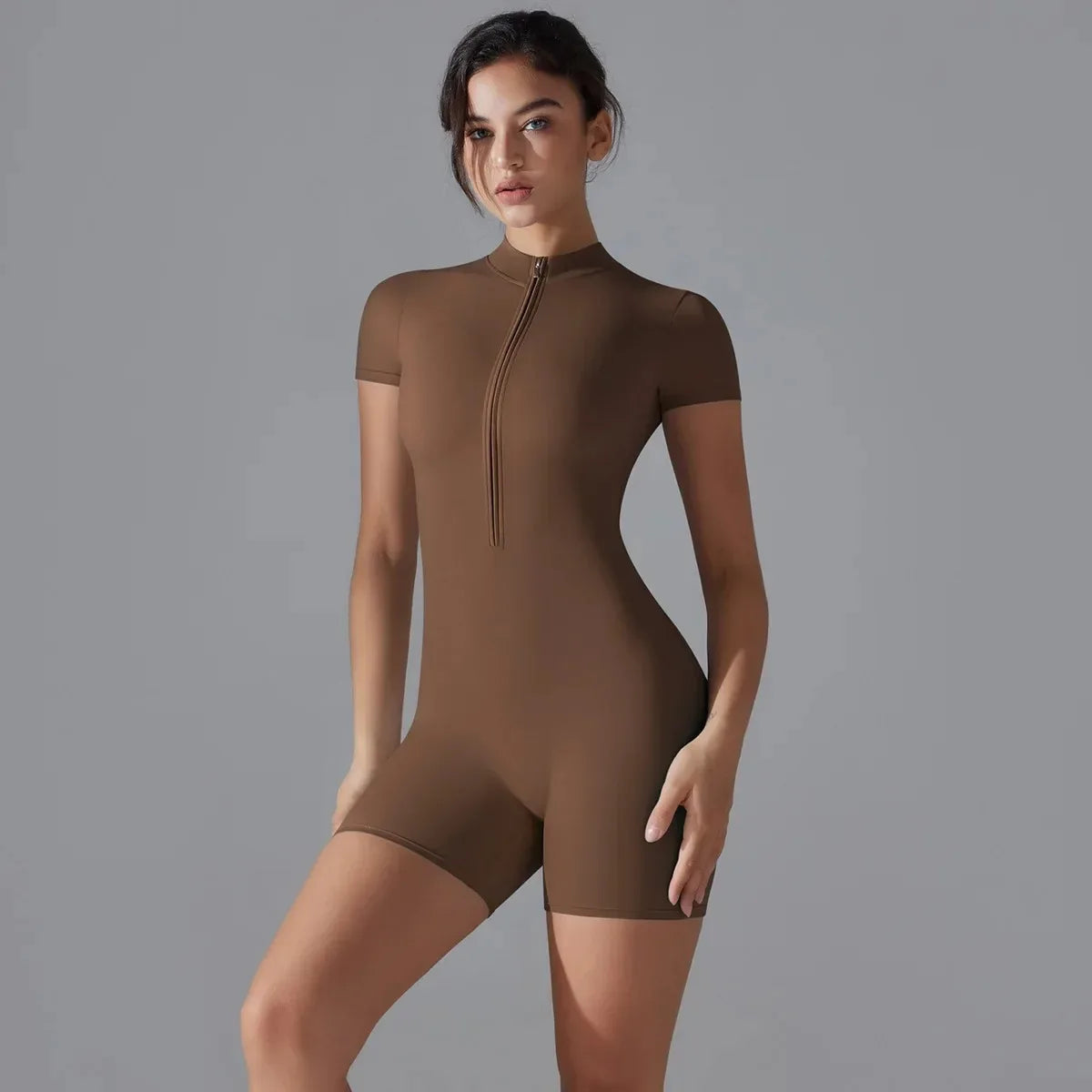 Combinaison de Yoga pour femmes, combinaison d'été avec fermeture éclair, short à manches courtes, combinaison de yoga, danse, fitness, combinaison de sport ajustée