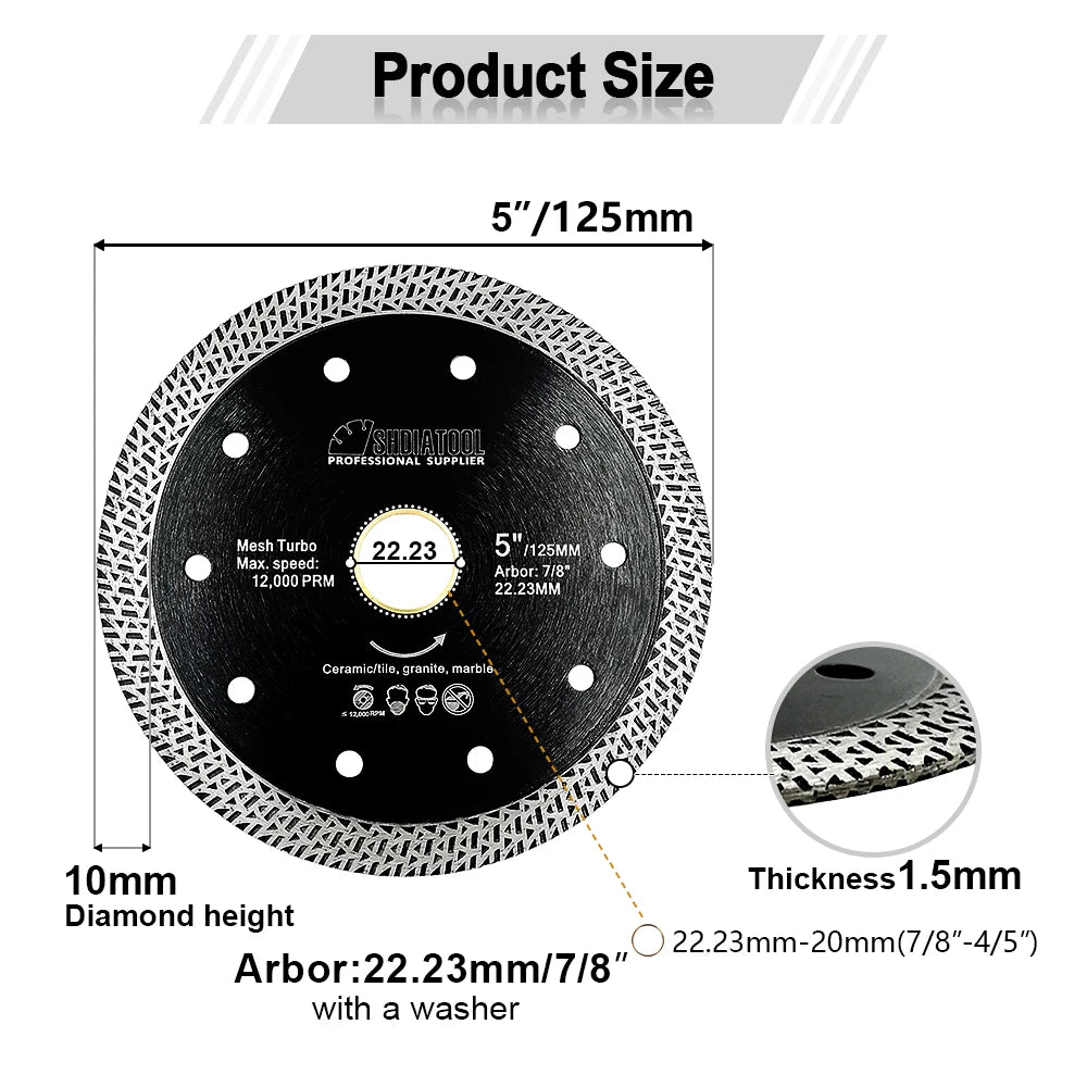 SHDIATOOL 1/2 pièces lame de scie 4/4.5/5/6/7/8/9 pouces maille frittée pressée à chaud Turbo granit marbre carrelage plaque de disque de coupe en céramique