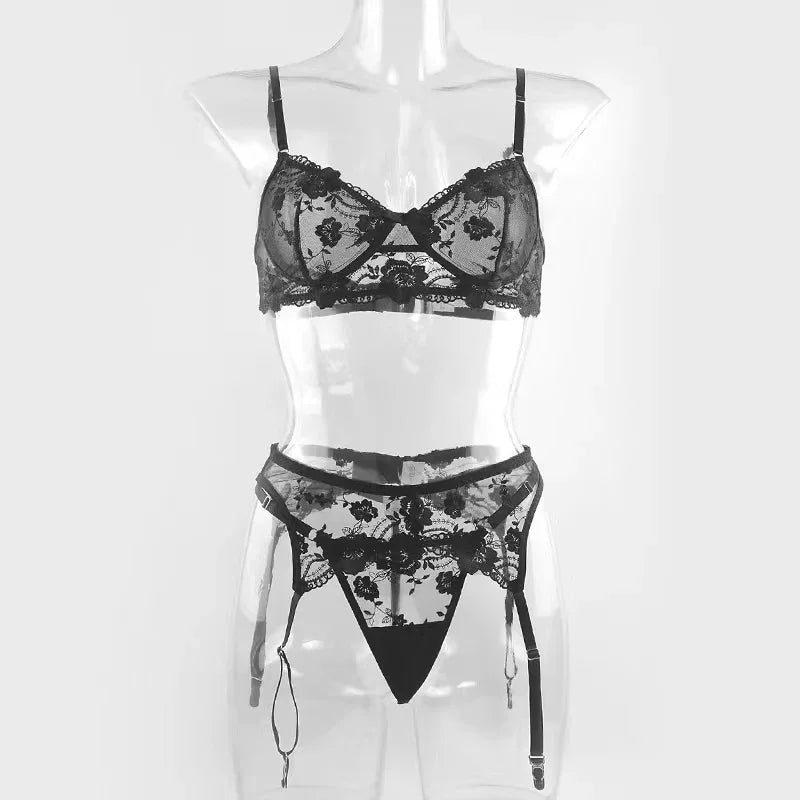 Ensembles de soutiens-gorge de Lingerie Sexy, sous-vêtements érotiques en dentelle transparente, ensemble de soutien-gorge et jarretelles, vêtements de nuit érotiques chauds