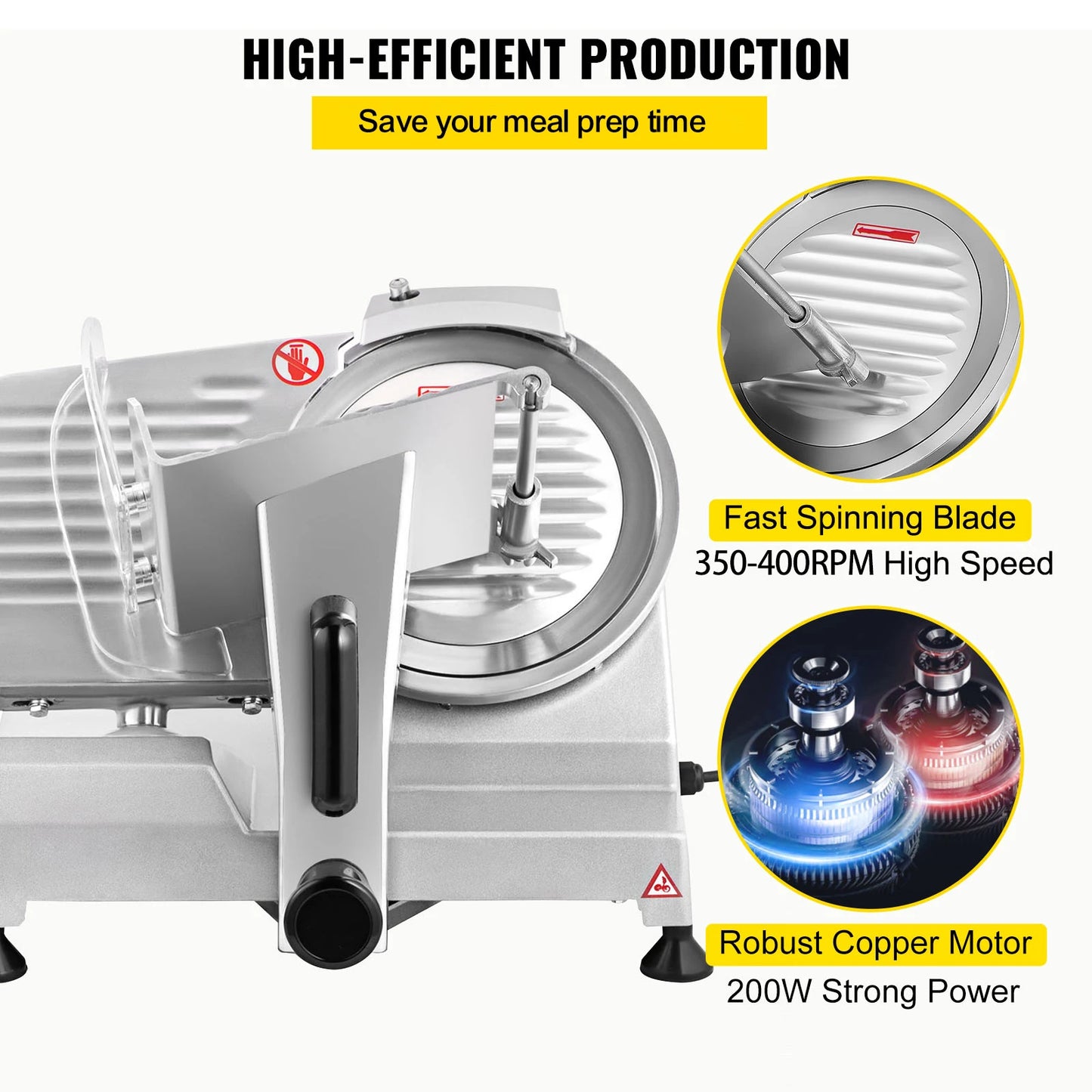 VEVOR Trancheuse Électrique Commerciale 200 W Trancheuse à Jambon Lame 203 mm 350-400 tr/min Trancheuse Charcuterie en Acier Inoxydable et Alu pour Couper en Tranches Viande Fromage Légumes Fruits