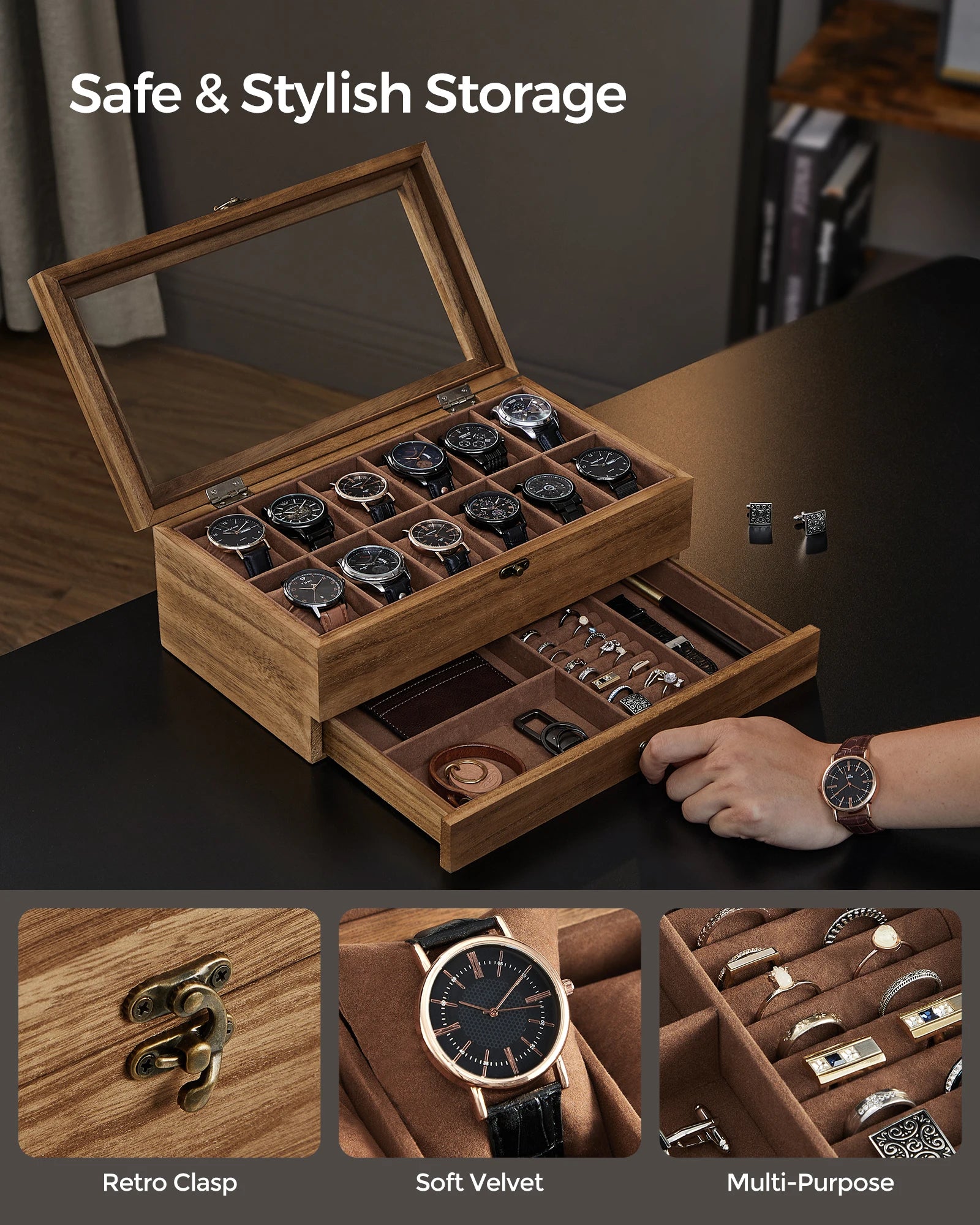 Boîte de rangement en bois pour montres et bijoux, intérieur velours, fermoir rétro, stockage sécurisé et élégant
