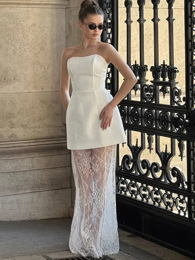 Tornova – robe en dentelle sans bretelles pour femme, ensemble élégant et Sexy, gilet à bretelles, taille haute, jupe longue d'épissure, Slim, Banquet, 2 pièces