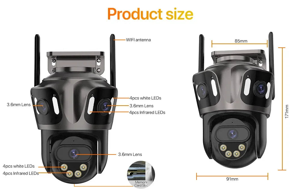 Caméra de surveillance WiFi extérieure avec double objectif 3.6mm, LEDs infrarouges et blanches, antennes intégrées