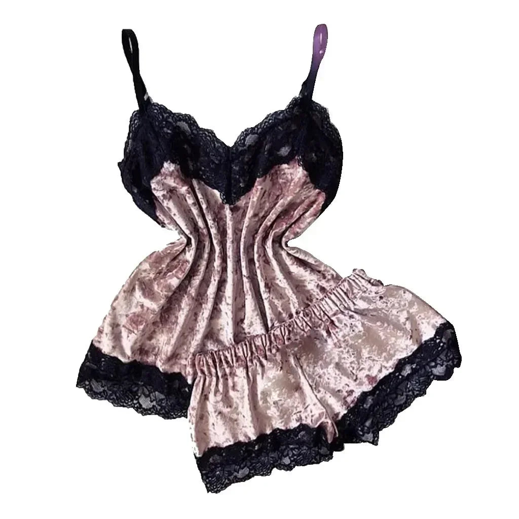 Été déshabillé en dentelle Sexy Satin pyjamas ensemble femmes chemise de nuit 2 pièces haut court et ensemble short et haut Homewear vêtements de détente