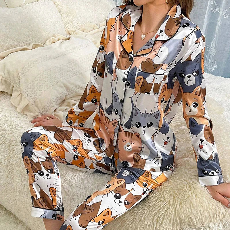 Femmes Satin Pyjama décontracté vêtements de nuit maison vêtements costume automne à manches longues boutonné haut et pantalon vêtements de nuit vêtements de détente Pyjama Femme