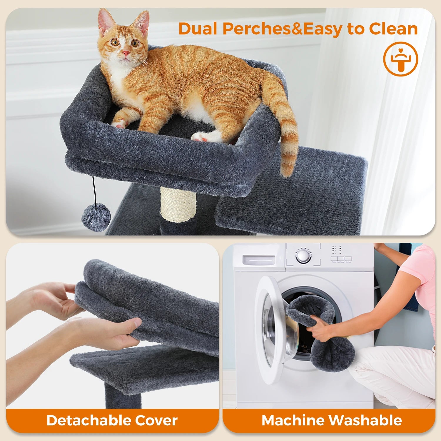 Arbre à chat gris avec perchoirs doubles, housse amovible et lavable en machine, idéal pour chaton ou chat adulte