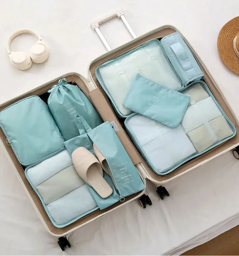 Ensemble de 10/7 pièces, organisateur de voyage, sacs de rangement, valise, Cubes d'emballage, étuis portables, garde-robe, bagages, vêtements, pochette à chaussures pliable