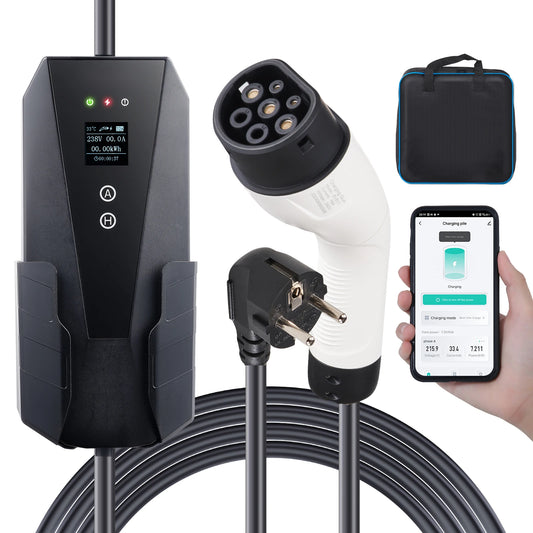 Chargeur électrique voiture connecté avec écran, câble Type 2, prise EU et contrôle via smartphone